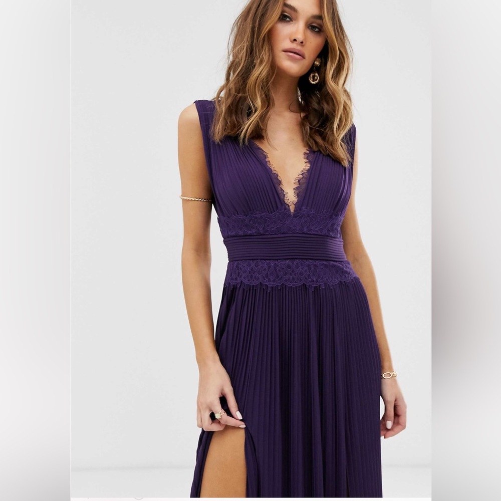 ASOS Purple Pleated Maxi Dress w/ Lace Trim